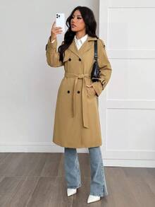 SHEIN PETITE Women's Casual Fleece Lined Trench Coat Jacket, Autumn/Winter - Camel - View 5