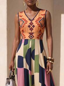 Zivah Neues Sommer Boho Urlaubs-Maxikleid für Damen, locker geschnitten, mehrfarbig mit geometrischem Retro-Muster, Rundhalsausschnitt, ärmellos, A-Linie, geeignet für Alltag, Urlaub, Musikfestivals, Reisen, Strand, Party, Flughafen-Outfits, Brunch-Outfits, Boho, Nomadisch, Casual, Pendeln, Abschlussfeier-Outfit, Country-Konzert-Outfit-Z - Verschiedenfarbig - Übersicht 10