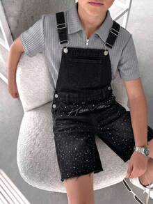 SHEIN Quần short denim dây rút dáng rộng thoải mái đính đá thiết kế phong cách đường phố cho bé trai tuổi teen - màu đen - Xem 1