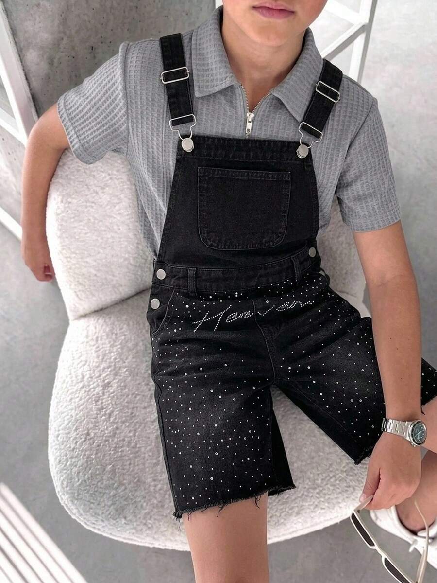 SHEIN Quần short denim dây rút dáng rộng thoải mái đính đá thiết kế phong cách đường phố cho bé trai tuổi teen - màu đen - Xem 1
