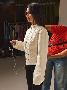 Athîral Denim 女款奶油色長袖休閒牛仔夾克，復古休閒雙排扣拿破崙風夾克，秋冬夾克，軍裝風，酷女孩 - 白色 - 查看 5