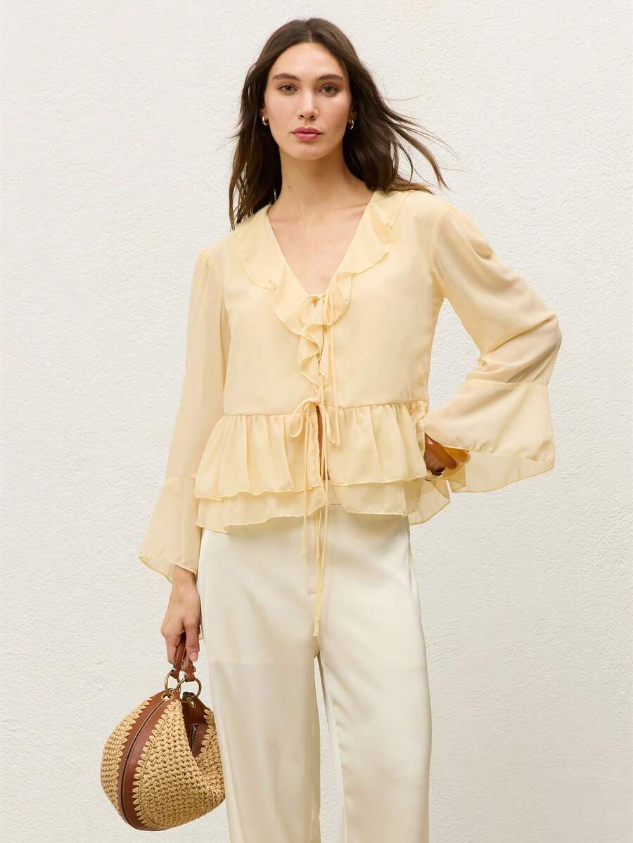 CielaLinda Women's Boho Romantic Elegant Vacation V-Neck Ruffle Tie-Front Long Sleeve Blouse Party Brunch Tea Party Birthday Pale Yellow Fall - Light Yellow - View 1