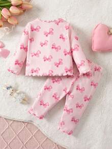Conjunto de pijama para recién nacido con patrón de dibujos animados lindo, cuello redondo con volantes, manga corta, tejido de punto y ajuste cómodo - Rosa Pálido - Ver 2
