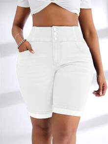 SHEIN SXY Plus Size Denim Wide Waistband Elastic Shorts - White - View 6