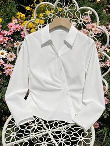 SHEIN Kids Tween Girls' Elegant All White Winter Casual Graduation Back-To-School Lapel Button Front Asymmetric Hem Ruched Blouse Top Fitted Shirt - White - View 9