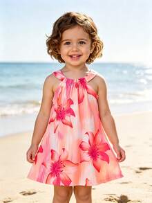 SHEIN Playful Pals 女嬰粉色花卉掛脖細肩帶洋裝，可愛夏季度假穿搭，優雅甜美花卉印花，時尚休閒無袖日常穿著 - 粉色 - 查看 3