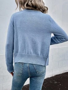 SHEIN 秋冬休閒珠飾裝飾開襟衫 - 藍色 - 查看 2