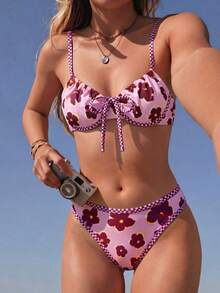 Swim Mod New Lemon Yellow Textured Bikini, Bow Knot Front, Underwire Support & High Leg Beach Swimwear - Multicolor - View 2