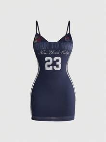 ACID BLVD Summer Vacation Y2K Hot Girl World Cup Sports Style Digital Slogan Print Fitted 2 In 1 Mini Dress - Black - View 4
