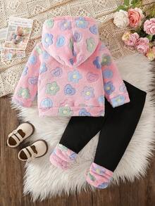 SHEIN Playful Pals 2件組女嬰冬季新款粉色花卉毛絨長袖連帽衛衣 3D花朵裝飾修身長褲 毛茸茸袖口 牛仔女孩運動套裝 - 粉色 - 查看 4