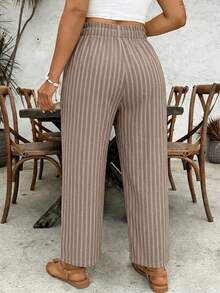 EMERY ROSE Striped Pattern Comfortable Fabric Plus Size Women's Striped Loose Casual Pants With Drawstring Waist And Ruffle Hem Fall - Multicolor - View 3