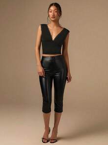 COSMINA Women's Solid-Color PU Leather Slim-Fit Cropped Trousers-Versatile Black Pants Perfect For Everyday Wear And Street-Style Looks. - Black - View 4