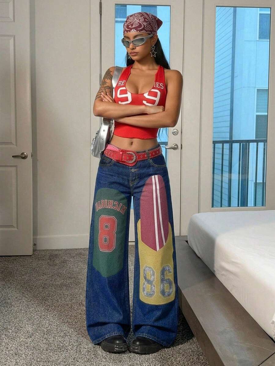 Jeanoix Y2K Women's Street Style Cartoon Print Patchwork Contrast Color Wide Leg Denim Jeans Hip Hop Cool Straight Leg Pants Going Out Everyday Blue Summer - Dark Wash - View 1
