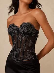 SHEIN Glamour 女款蕾絲性感抹胸上衣，適合約會與派對 - 黑色 - 查看 2