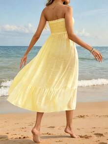 Swim Vcay Women's Solid Color Pleated 2-Way Wear Cover-Up - Light Yellow - View 2
