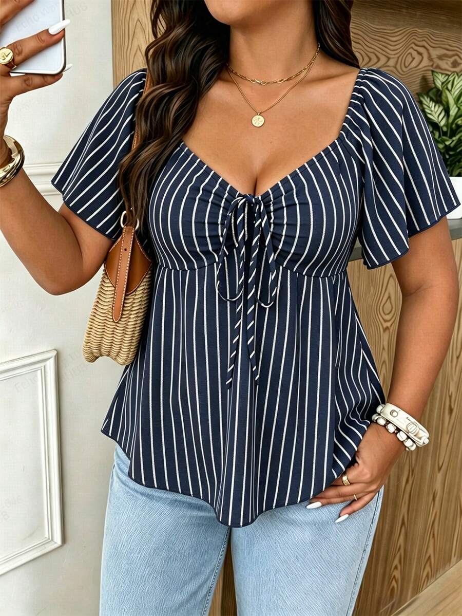 SHEIN Frenchy Casual Spring/Summer Nautical Style Blue & White Striped Pattern Off-Shoulder Drawstring Plus Size Women's T-Shirt, Vacation Women's Off-Shoulder Summer Top