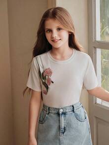 Anewsta Tween Girl New Spring/Summer Floral Print Sequin Embroidered T-Shirt - White - View 6