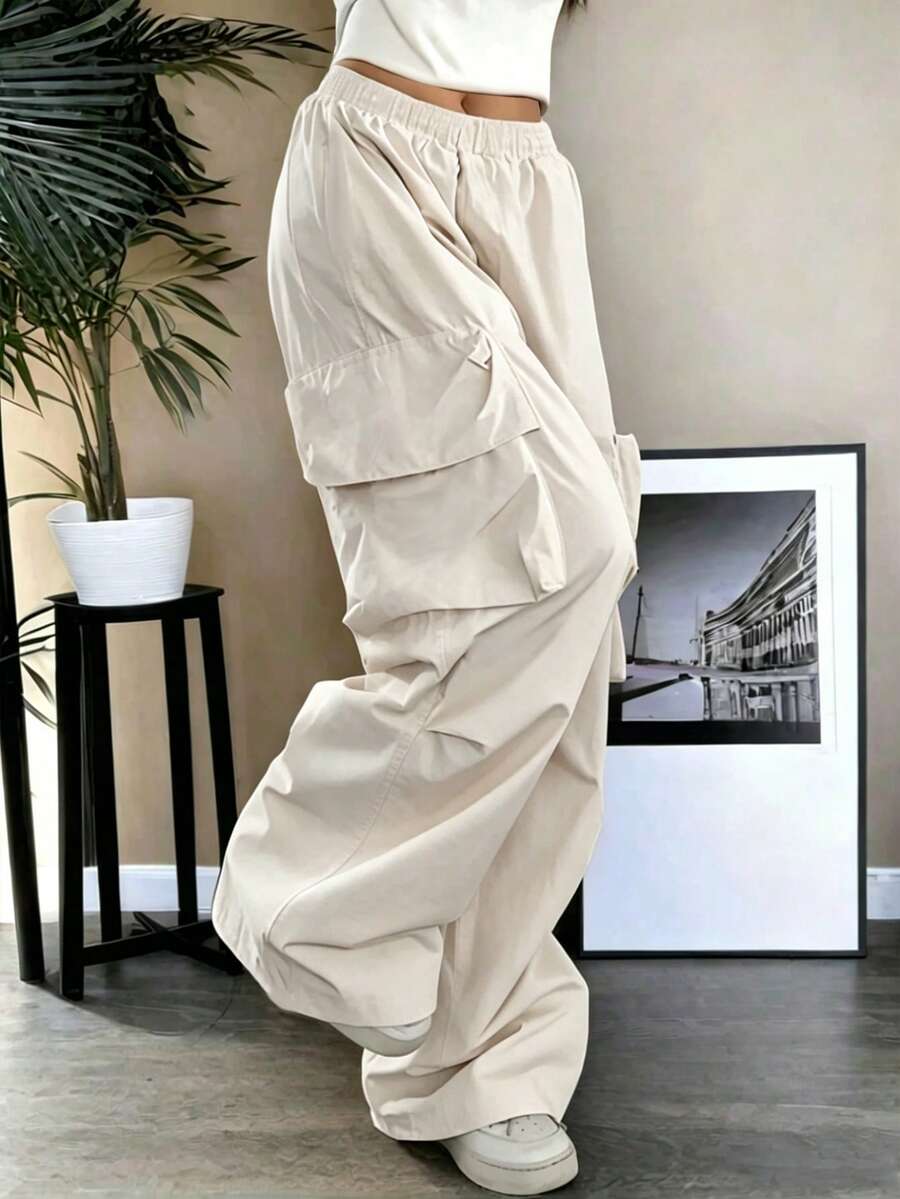 青少年女孩休閒時尚寬鬆工裝褲,適合日常穿著 - 卡其色 - 查看 1