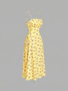 Skyraze Women Bowknot Strap Floral Print Long Dress For Summer,Graduation Dress,Modest Cottage Dresses Picnic Vacation Purple And Yellow.Halloween. School. - Pale Yellow - View 5