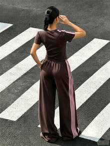 2pcs/Set Teen Short Sleeve & Long Pants Set, Bow Ribbon Pink, Suitable For Spring/Summer, Sports & Commuting - Coffee Brown - View 2