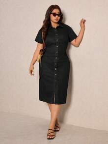 Elaquor Plus Size Women's Short Sleeve Single-Breasted Casual Denim Dress - Black - View 6