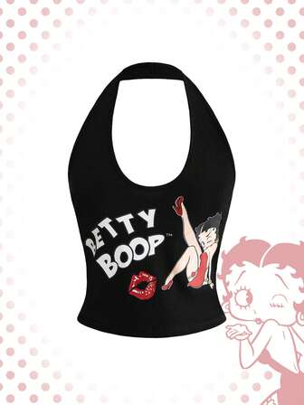 Betty Boop | ROMWE Damen Casual Top ohne Ärmel mit Buchstaben- und Cartoon-Muster, vielseitig für den täglichen Gebrauch