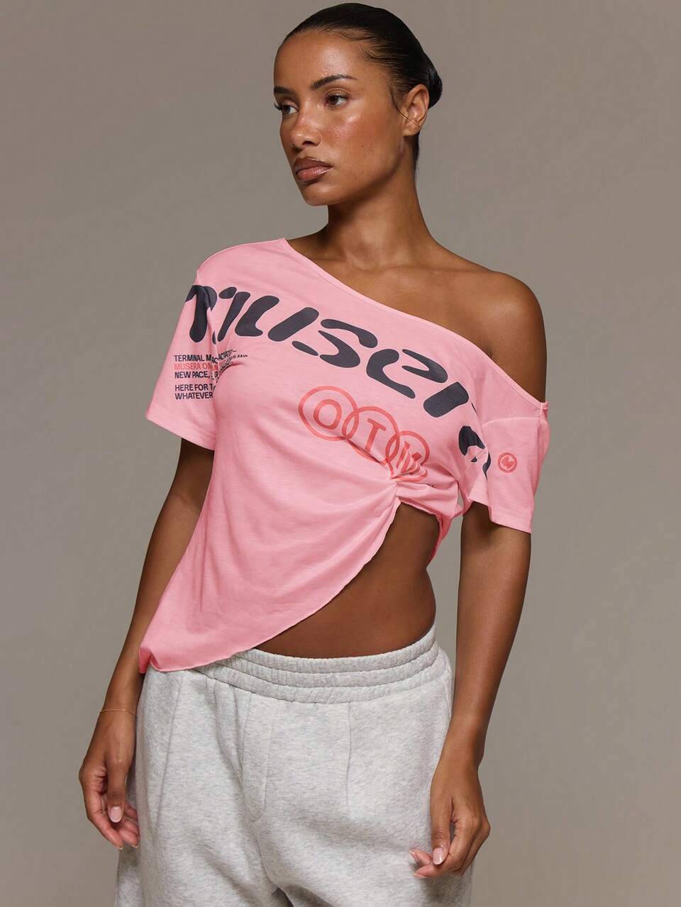 Off The Shoulder Graphic Printed Cinched Ruched Side Triangle Hem Tshirt Tee Cute Streetwear Everyday Daytime Back-To-School Summer Pink And Red