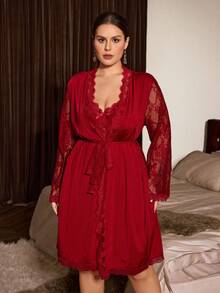 Slumberist Burgundy Glossy Lace Patchwork Loose Tie-Front Robe & Nightgown Set, Plus Size Women's Loungewear Sleepwear - Burgundy - View 6