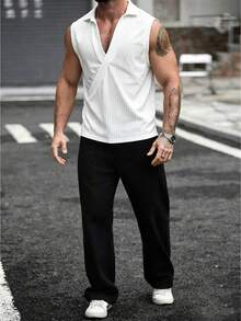 Manfinity Homme 男士大尺碼純白色羅紋 Polo 領無袖上衣，時尚修身背心，休閒夏季度假，復古 Y2K 優雅套頭衫，度假穿搭 - 白色 - 查看 5