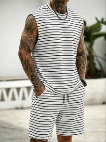 Manfinity Homme Men's Striped Versatile Crew Neck Tank Top And Pocket Drawstring Waist Casual Shorts Set - Multicolor - View 3