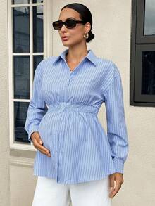 MaterniWear Women's Maternity Blue And White Striped Long-Sleeve Button-Front Shirt (Autumn) Social Blouse Fall - Blue - View 2