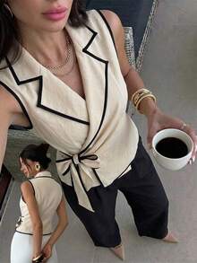 Firerie Blazer delgado envolvente con cintura de lazo para mujer, color albaricoque con ribete de contraste, minimalista y elegante, chaleco sin mangas con cuello en V, chaqueta con lazo que ciñe la cintura, chaqueta con borde de contraste, top para mujer de oficina, adecuado para verano, otoño, ceremonia de graduación, Día del Maestro, temporada de regreso a clases, primavera/verano, vacaciones, elegante casual de negocios - Albaricoque - Ver 1