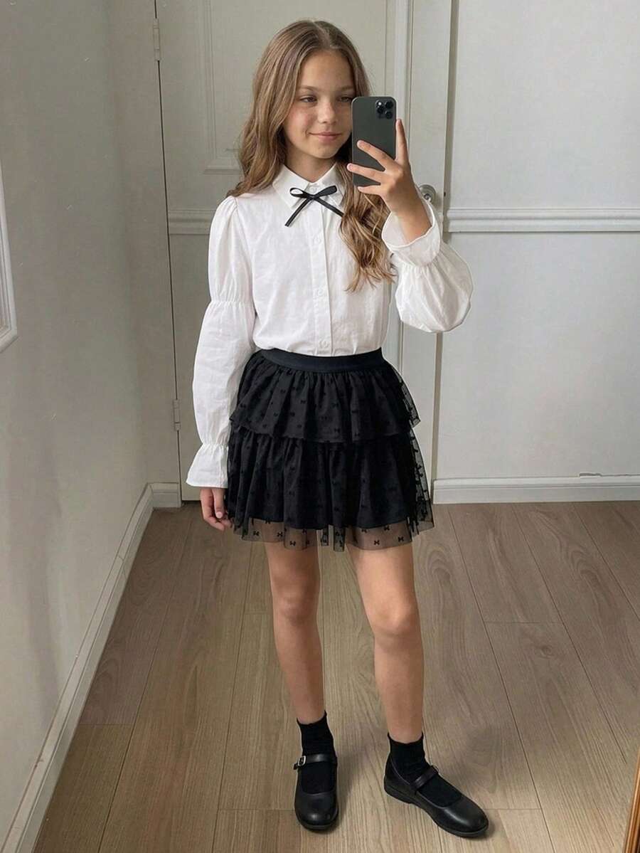 DAZY 可愛蝴蝶結裝飾對比色長袖喇叭袖口設計青少年女孩上衣 - 白色 - 查看 1
