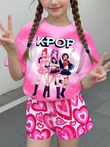 Tween女孩字母卡通印花短袖T恤與短褲休閒可愛日常套裝，度假風亮粉色夏季穿搭 - 彩色 - 查看 2