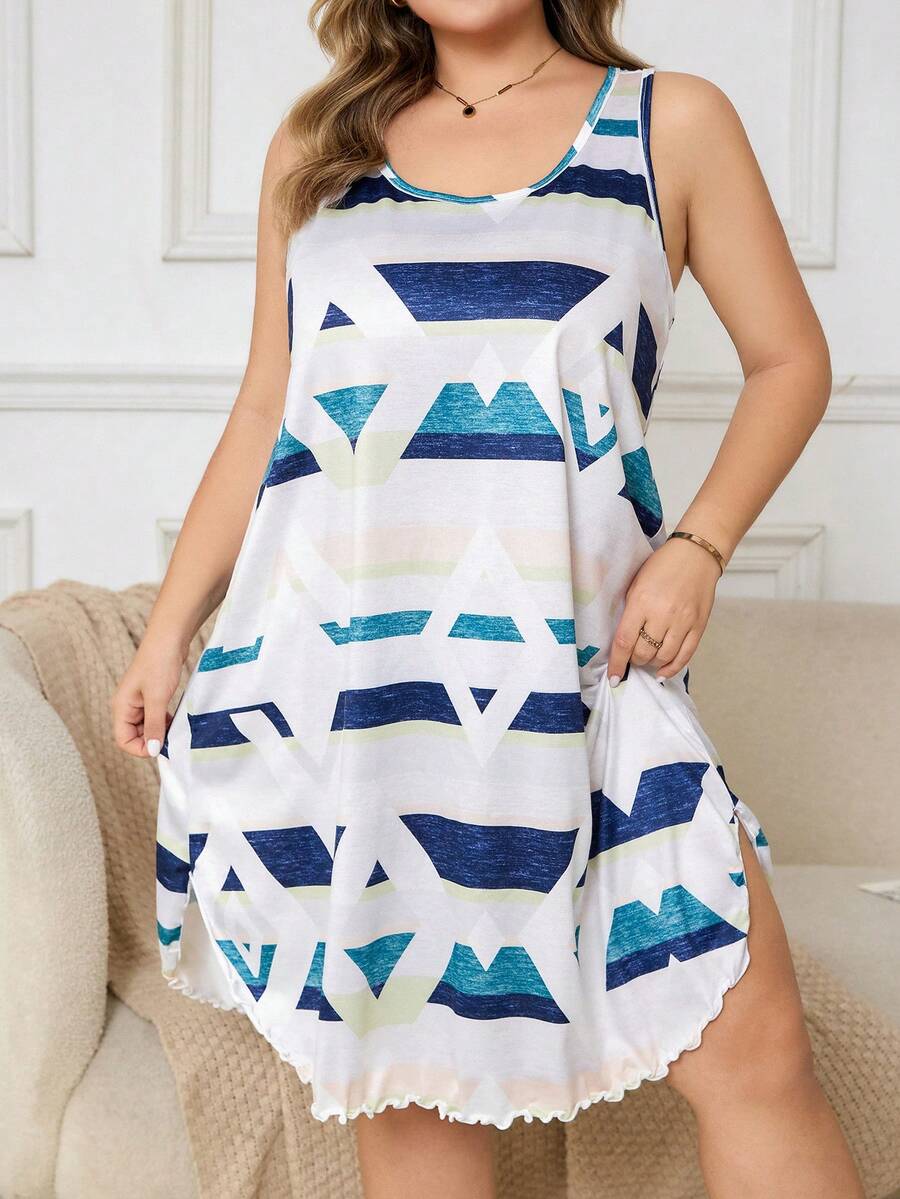 SHEIN Gaun Tidur Rumahan Kasual Sehari-hari Wanita Ukuran Besar dengan Leher Bulat dan Motif Geometris Blok Warna - MultiWarna - View 1