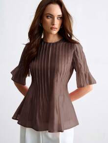 CielaLinda Women's Pleated Crew Neck Short Sleeve Waist-Cinched Top Teachers' Day Office Coffee Brown Summer Elegant - Brown - View 4