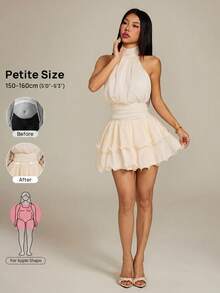 Vivamere Women's Fashion Versatile Elegant Pleated Halter Neck Ruffle Hem Dress,Petite Women Party Cream White Summer - Beige - View 4
