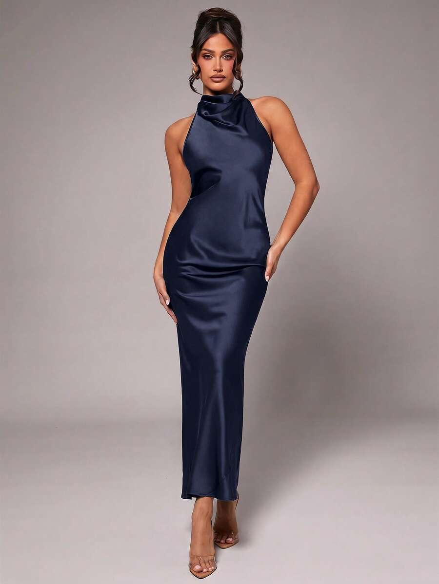 Silquee Women's Solid Color Fitted Back Splice Lace Elegant Halter Neck Dress Dinner Navy Blue Summer - Blue - View 1