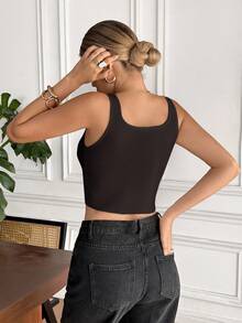 SHEIN Essnce Top corto de punto sin mangas de color liso casual de verano - Marrón - Ver 2