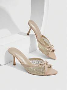 CUCCOO SZL Sandales à talons hauts pour femmes avec bout pointu, maille abricot, perles chaudes et nœud, élégantes et à la mode, sandales ouvertes pour femmes - Nude - Voir 1