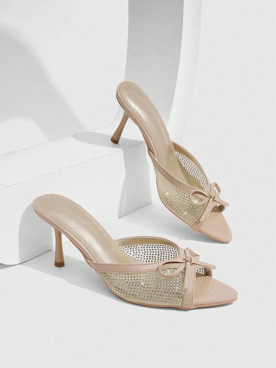 CUCCOO SZL Sandales à talons hauts pour femmes avec bout pointu, maille abricot, perles chaudes et nœud, élégantes et à la mode, sandales ouvertes pour femmes - Nude - Voir 1