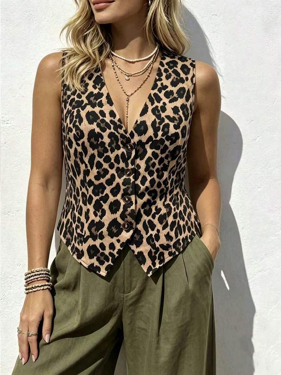 Velvienne Plus Size Summer Casual Leopard Print Sleeveless Shirt - Brown - View 1