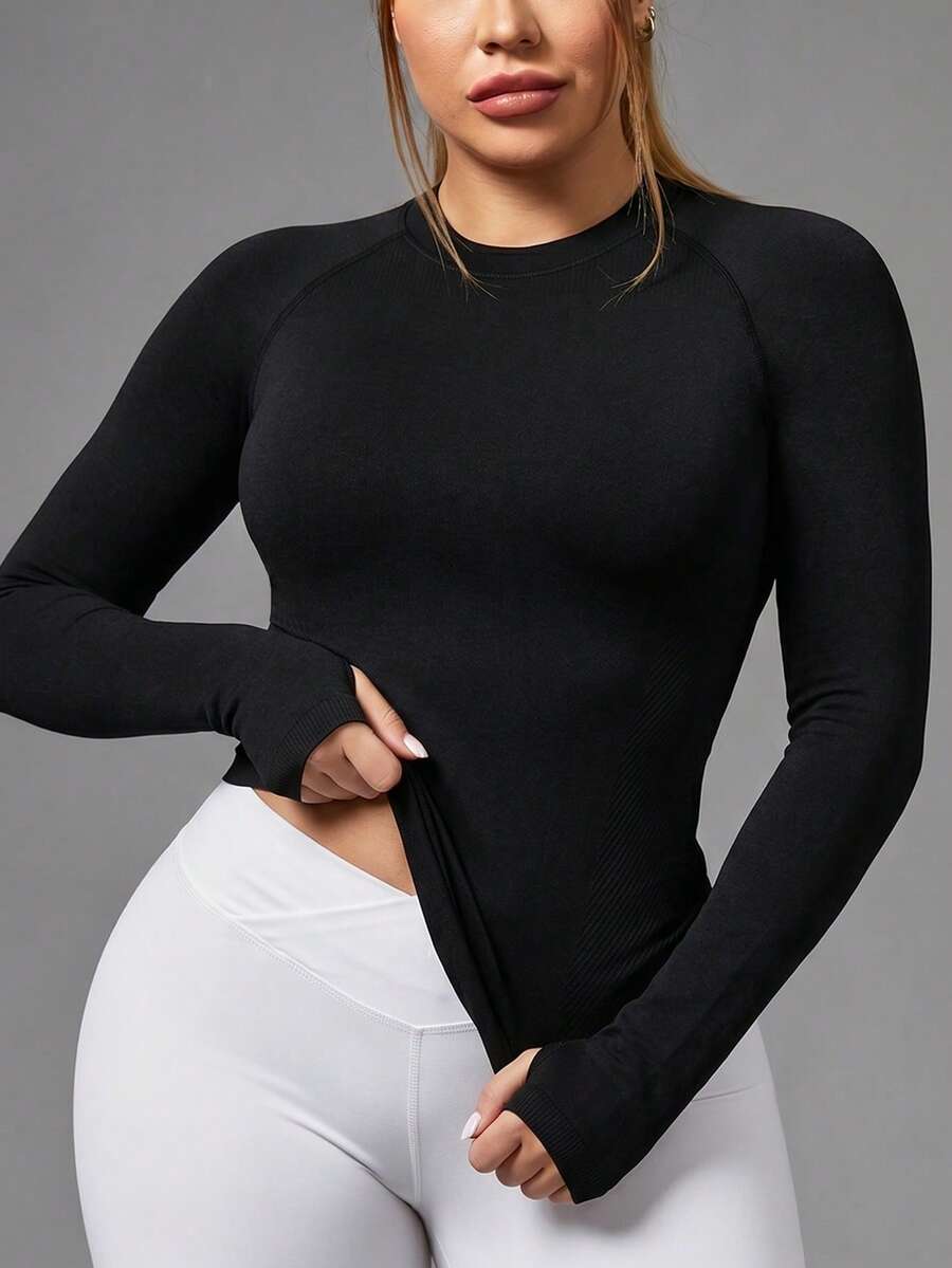 SHEIN Sports 1pc Regular T-Shirt/Raglan Design/Thumb Hole/Basic Style/Black/Sports T-Shirt+Fitness+Yoga Fall - Black - View 1