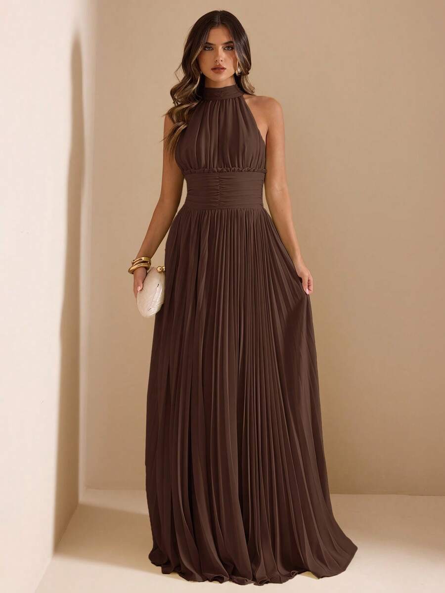 SHEIN BAE Vestido de Primavera/Verano Verde con Cuello Halter, Cintura Fruncida, Volantes y Lazo, Largo Medio, Estilo Romántico Francés para Citas & Vacaciones - Café integral - Ver 1