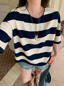 Dazy Plus 女款大尺碼拼色拼接條紋寬鬆 Polo 領中袖休閒夏季 T-shirt - 藍白色 - 查看 5
