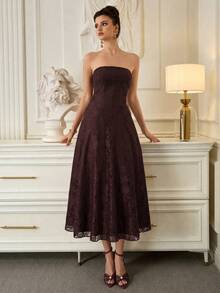 Poshira Women's Elegant Solid Color Lace Ball Gown - Brown - View 5