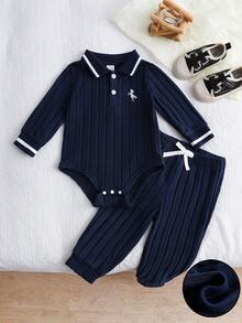 Souflis Souflis 男嬰 Polo 領刺繡馬圖案海軍藍秋季休閒套裝，柔軟彈性面料，學院風，按扣開合 - 寶藍色 - 查看 1