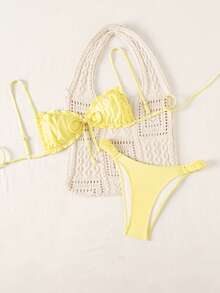 Swim Mod Spring/Summer Polka Dot Print Bikini Swimsuit For Women, Sexy Beach Vacation Swimwear With Double Shoulder Straps - Yellow - View 6