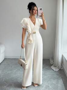 Elenzga Spring/Summer New Commuter V-Neck Design Asymmetric Ruffle Waist-Cinched Slimming Drapey Straight Leg Women's Jumpsuit - Apricot - View 4