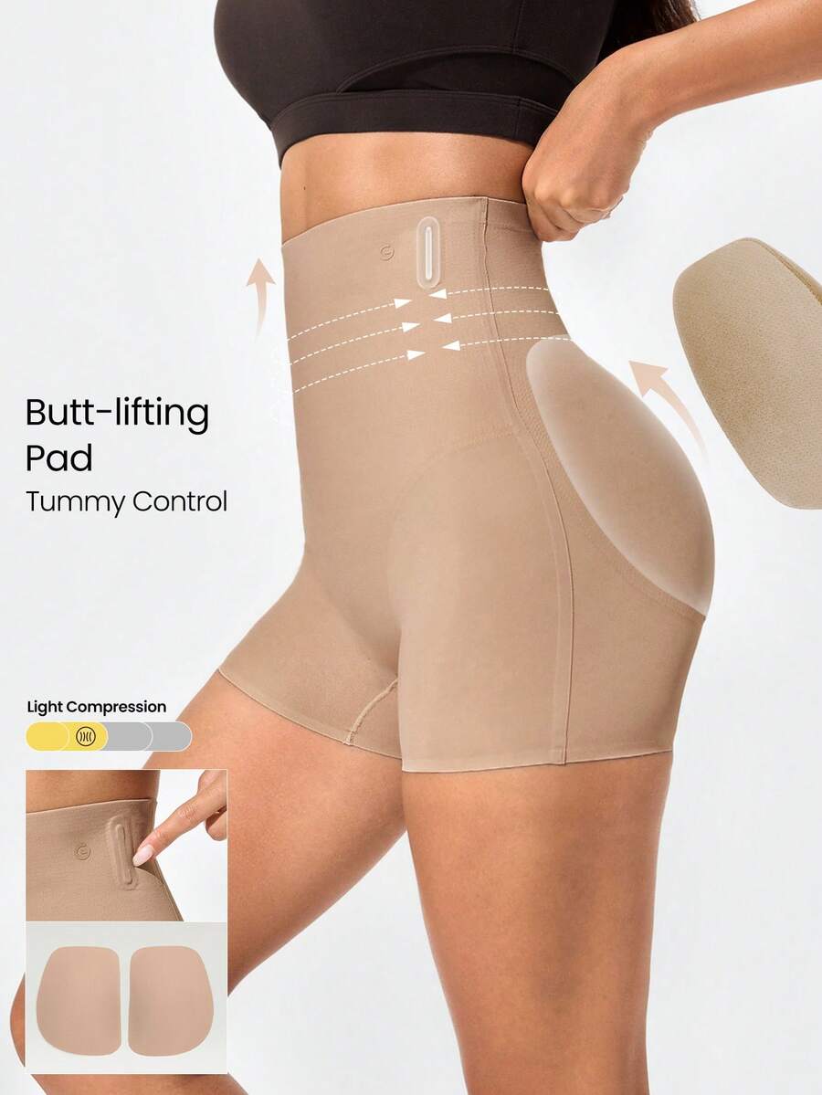 GLOWMODE 1 Pack Sweat-Wicking Tummy Control2.0 Anti-Roll Boning Removable Hip Pad Ultra High-Rise Waist Boyshorts Underwear Daily Casual - Apricot - View 1
